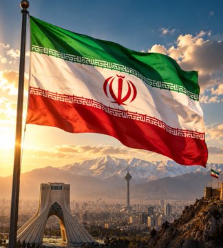 The Iranian flag waving in the foreground with the Azadi Tower and Tehran skyline visible against a sunset backdrop.