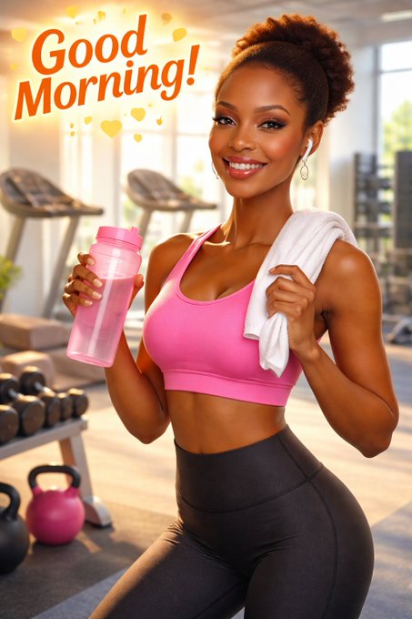 The image features a woman wearing black leggings, holding a pink water bottle with her left hand while smiling at the camera. The background of the photo shows an indoor gym setting with exercise equipment such as dumbbells and a bench. There is also a computer monitor visible in the scene.