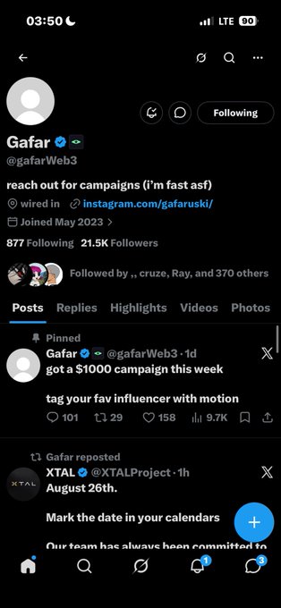 A Twitter/X profile page for verified user 'Gafar (@gafarWeb3)' promoting campaign collaborations and announcing a $1000 campaign.