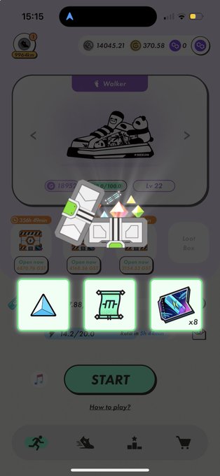 A mobile game home screen featuring a 'Walker' sneaker NFT (Lv 22) with several loot boxes available to open, displaying 8 blue triangular tickets and 8 purple gemstone tickets, with a START button below.
