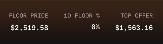 The image displays NFT market statistics showing a floor price of $2,519.58, a 1D floor percentage change of 0%, and a top offer of $1,563.16. These figures suggest current valuation data that contrasts with the post's bullish claim that "t00ns" is the next NFT poised to reach a 4-figure floor price.