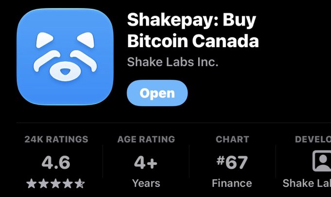 The image shows the Shakepay app on the App Store, "Shakepay: Buy Bitcoin Canada" by Shake Labs Inc., with a 4.6-star rating from 24K reviews and a blue panda logo. It relates to the post's recommendation of Shakepay as the easiest way for Canadians to buy Bitcoin, serving as visual proof of the app's credibility through its high user ratings.