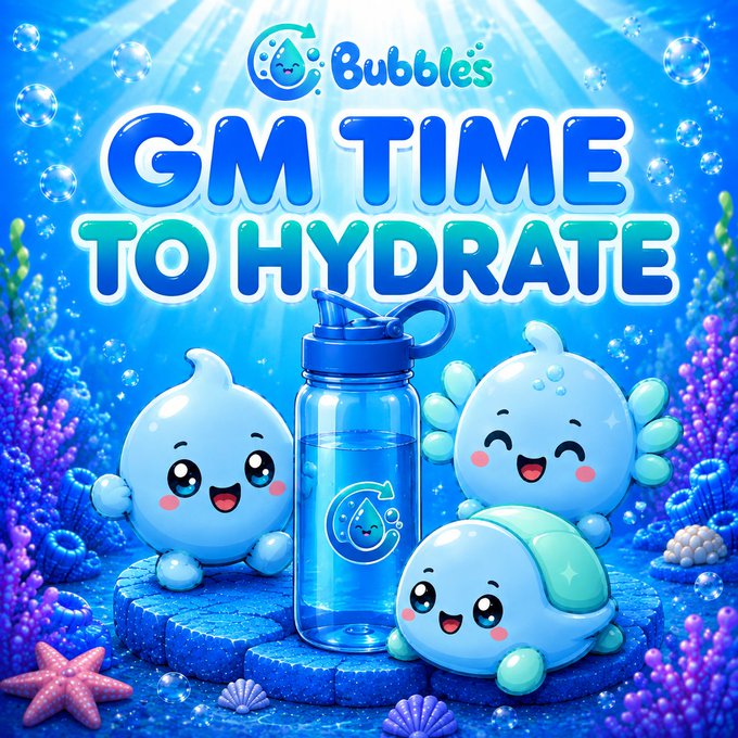 A vibrant, cartoon-style graphic titled 'Bubbles GM TIME TO HYDRATE' featuring cute, smiling blue water droplet characters surrounding a blue water bottle in an underwater scene with coral and bubbles.