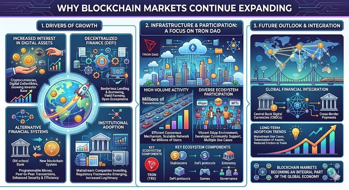 The image presents a visually appealing infographic titled "Why blockchain markets continue expanding" against a neutral backdrop of light gray. The infographic features colorful illustrations, diagrams, and text illustrating various aspects related to expanding blockchain markets. It includes explanations about the drivers behind market growth, such as increased interest in digital assets, decentralized finance, and alternative financial systems like the TRON DAO project that play a significant role in this expansion by providing infrastructure for high volume transactions. The infographic successfully conveys complex ideas through an engaging layout of visuals and text.