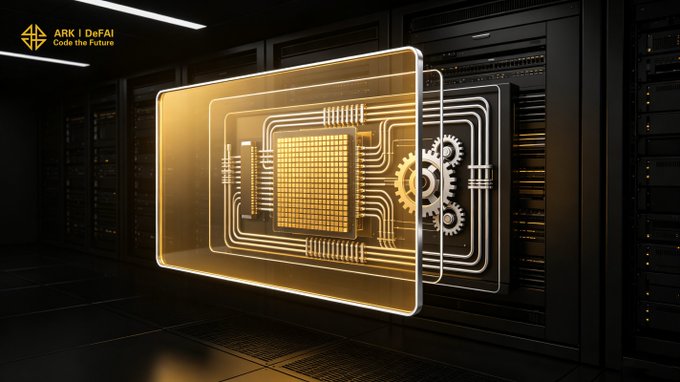 A glowing golden circuit board with interlocking gears floats in a dark server room, overlaid with the text "ARK | DeFAI - Code the Future." This imagery visually reinforces the post's message about the Arkie AI App powering accessible technology, with the circuitry symbolizing the ecosystem's infrastructure that transforms AI into practical tools for builders.
