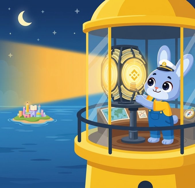 A cartoon illustration depicts a blue bunny in a yellow lighthouse keeper uniform operating a searchlight that reveals a Binance coin, shining towards a small island city.