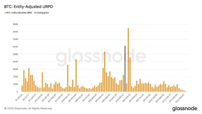 A Glassnode chart displaying BTC Entity-Adjusted URPD (Unrealized Profit and Decline) across price levels from ~$5,000 to ~$175,000, showing a massive concentration of supply near $80,000—visually confirming the post's claim that $80K represents the largest supply cluster and true price battlefield for Bitcoin.