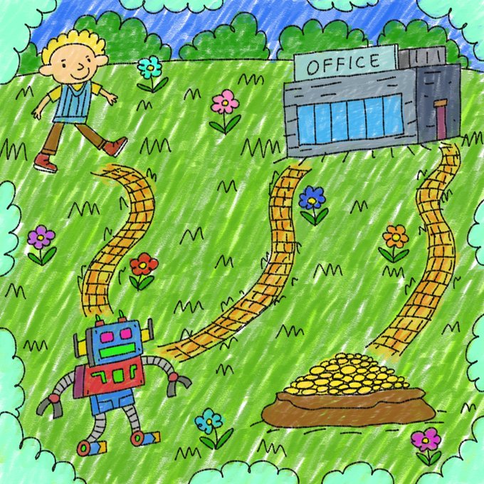 A colorful child's drawing shows a boy walking on a grassy field while a robot lays down brick paths leading to a building labeled "OFFICE," with a pile of gold coins nearby. The whimsical illustration cleverly mirrors the "Roadmap" theme, depicting a journey or path of progress toward reaching the office (work) goal, with the robot seemingly building the route and the treasure hinting at the rewards along the way.