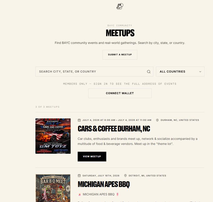 A webpage screenshot showing BAYC Community Meetups, with a search bar, country filter, and listings for 'Cars & Coffee Durham, NC' (July 4, 2026) and 'Michigan Apes BBQ' (July 19th, 2026 in Detroit).