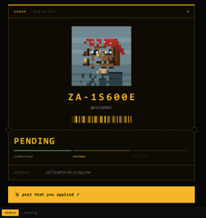 A dark profile screen for a ZA-1560GE email address, showing pixel art and a pending submission message reading 'A quest that you applied'.