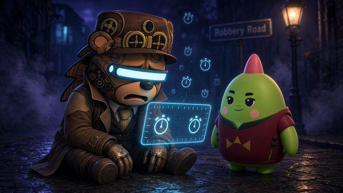 A steampunk-style bear character with glowing blue visor and a green dinosaur-like figure in a red hoodie stand on a dimly lit street beneath a "Robbery Road" sign, examining a glowing holographic timer display. The scene visually echoes the caption's reference to missing a "bedtime window" on "Robbery Road," with the digital timers and clock bubbles symbolizing the sleep-tracking concept promoted by @sleepagotchi.