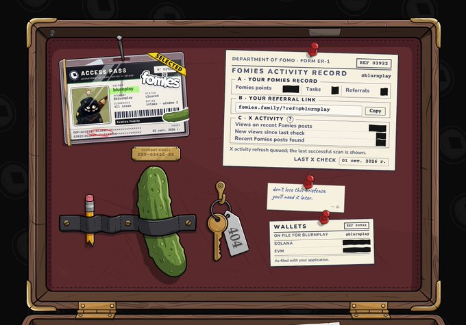 A cartoon-style open briefcase contains a 'FOMIES ACTIVITY RECORD' form, an 'ACCESS PASS' ID card, a pickle, a pencil, and a key labeled '404'.