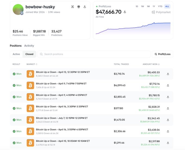 A screenshot of the Polymarket prediction market page for user "bowbow-husky" showing a portfolio profit/loss of $47,666.70 and a list of resolved Bitcoin-related trading positions.
