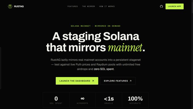 The image shows a screenshot of a website called RustAG that focuses on staging Solana, which is an online wallet for Bitcoin. The website displays information about the mainnet environment and how it mirrors the mainnet. It also highlights the benefits of using this environment, such as the ability to test against real DeFi state with 0 spent, unlimited free airdrops, and access to oracles that provide updates on the mainnet. The image is accompanied by text that explains the features and advantages of staging Solana in the mainnet.