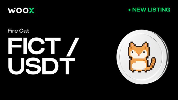 A cryptocurrency listing announcement on a black background for 'Fire Cat' (FICT/USDT) on the WooX exchange, featuring a pixelated orange cat token.