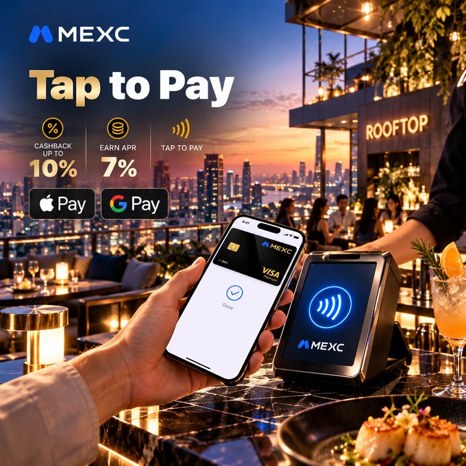 A promotional advertisement for MEXC 'Tap to Pay' service at a rooftop bar, highlighting 10% cashback, 7% APR, and acceptance of Apple Pay and Google Pay, showing a phone being used for contactless payment.