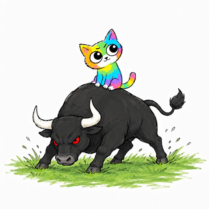 A cartoon illustration features a small rainbow-colored cat sitting on the back of a black bull with red eyes in a grassy field.