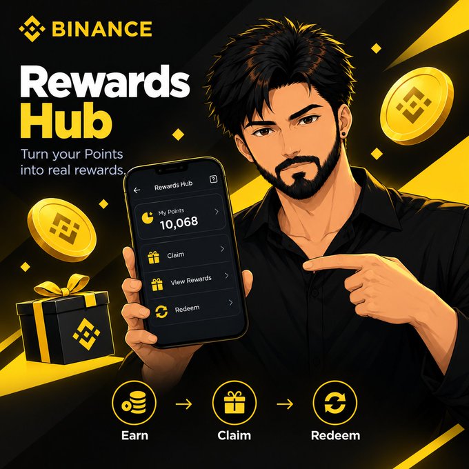 A Binance 'Rewards Hub' promotional graphic featuring an anime-style man pointing at a smartphone showing 10,068 My Points, with options to Claim, View Rewards, and Redeem, alongside gold BNB coins and gift boxes.