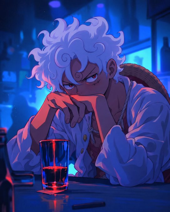 An anime-style illustration of a young man with wild white hair and a serious expression sitting at a bar, illuminated by blue neon light with a glass of amber liquid in front of him.