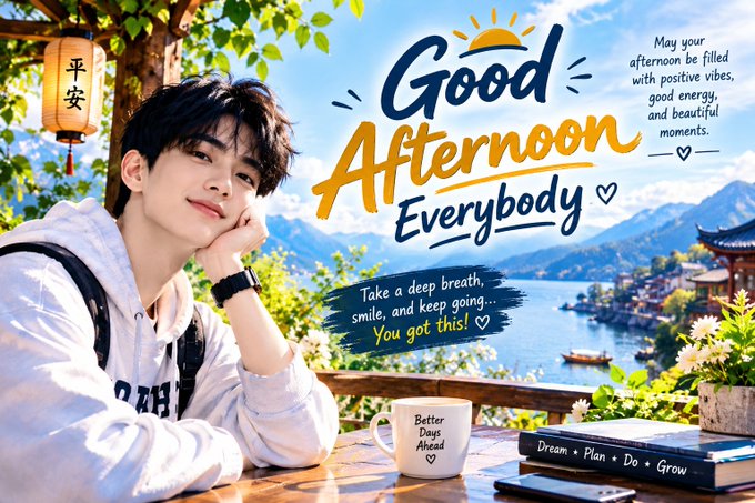 A motivational graphic titled 'Good Afternoon Everybody' features a young man with a backpack resting his chin on his hand, set against a scenic background with a lantern reading '平安' and text including 'Take a deep breath, smile, and keep going... You got this!'.