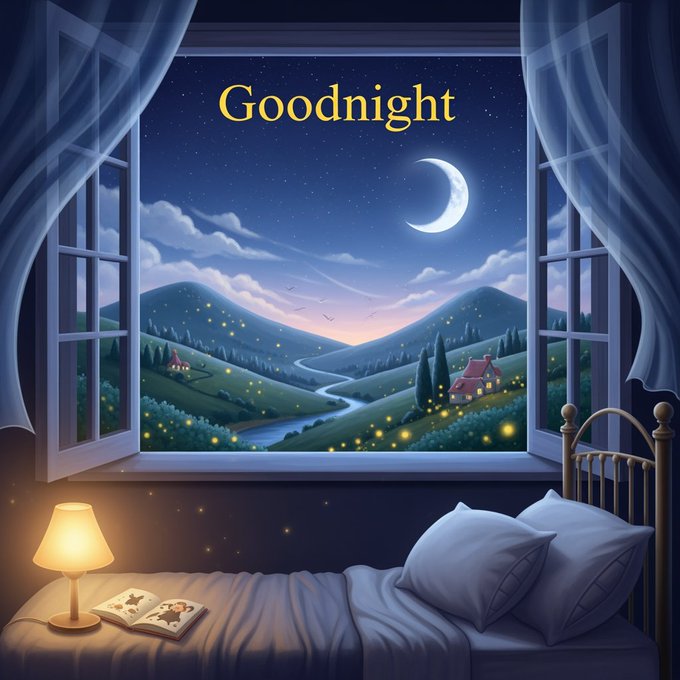 A cozy nighttime illustration shows an open window with curtains revealing a starlit sky, crescent moon, and rolling hills dotted with glowing fireflies, above a bed with a lit lamp and open book, with the word 'Goodnight' in yellow text.