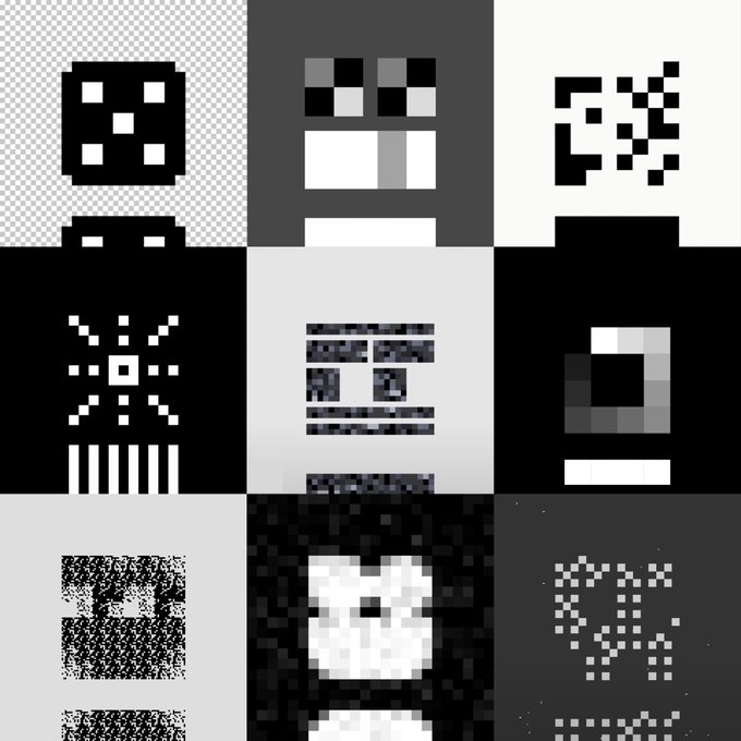 A 3x3 grid of pixelated icons, resembling stylized figures or symbols in black, white, and gray, similar to album cover art or app icons.