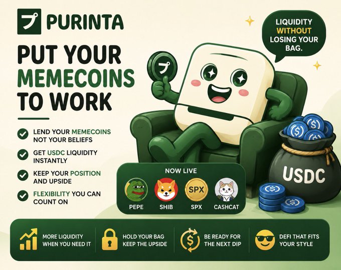 Promotional graphic for Purinta titled 'PUT YOUR MEMECOINS TO WORK,' featuring a cartoon mascot on a green armchair with a USDC bag, advertising USDC liquidity for memecoins like PEPE, SHIB, SPX, and CASHCAT.