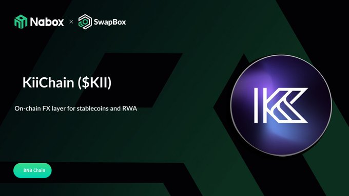 A promotional graphic for Nbox x SwapBox featuring KiiChain ($KII), described as an 'On-chain FX layer for stablecoins and RWA' on the BNB Chain, with a purple circular KiiChain logo on the right.