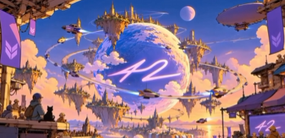 A vibrant digital artwork featuring a fantasy world with floating islands, castles, a large globe, and the letters 'AD' in glowing purple script.