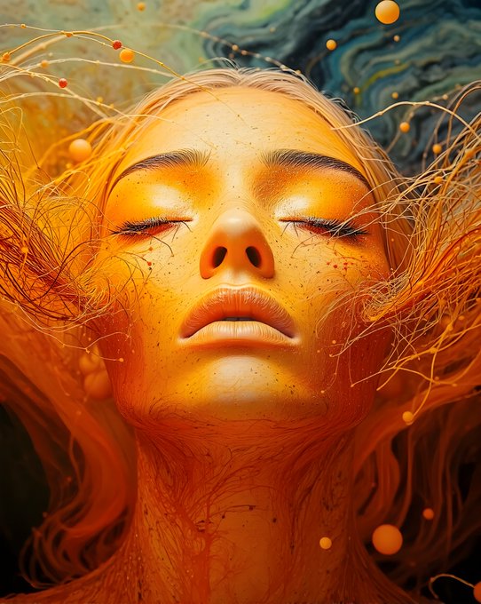 A vibrant digital artwork depicting a close-up portrait of a woman with closed eyes, her face bathed in warm orange and yellow tones, with abstract flowing lines and floating orbs surrounding her.