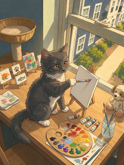 A fluffy gray and white kitten sits at a wooden table holding a paintbrush before a small canvas, surrounded by art supplies including a colorful paint palette, tubes of paint, and finished paintings, illustrating the creative spirit of the announced animation competition for "Remi Kat."