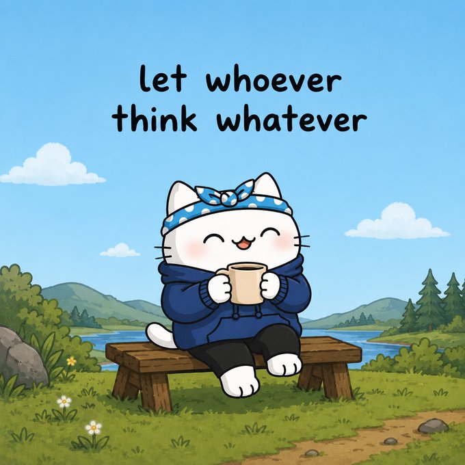 A cartoon white cat wearing a blue bandana and hoodie, sitting on a wooden bench in a scenic landscape holding a mug, with the text 'let whoever think whatever' above.