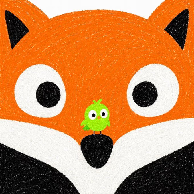 A hand-drawn illustration of a small green bird character sitting on the black nose of a large orange and black fox face with big white eyes.