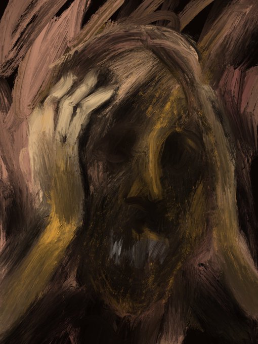A dark, expressive painted portrait of a person with long hair resting their hand against their head, rendered in moody browns, blacks, and golden highlights with visible brushstrokes. The somber, introspective imagery complements the "GM Fam" post by reflecting a quiet, reflective morning greeting shared with followers.
