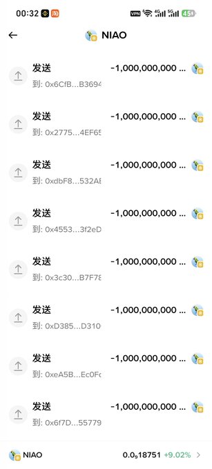 A mobile screenshot of the NIAO wallet app displays multiple "Send" (发送) transactions, each for -1,000,000,000 NIAO tokens, being sent to various wallet addresses, illustrating the active distribution of the NIAO coin airdrop mentioned in the post.