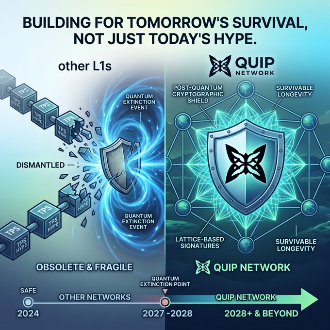 The image is a promotional graphic for "QUIP NETWORK," contrasting "other L1s" labeled as "OBSOLETE & FRAGILE" with QUIP NETWORK's features, including "POST-QUANTUM CRYPTOGRAPHIC SHIELD," "LATTICE-BASED SIGNATURES," and "SURVIVABLE LONGEVITY," under the headline "BUILDING FOR TOMORROW'S SURVIVAL, NOT JUST TODAY'S HYPE." A timeline at the bottom marks "OTHER NETWORKS" as safe until a "QUANTUM EXTINCTION POINT" projected for 2027-2028, while "QUIP NETWORK" extends into "2028+ & BEYOND," visually supporting the post's warning that quantum computing will dismantle standard encryption and positioning QUIP as the only protocol preparing with post-quantum solutions.
