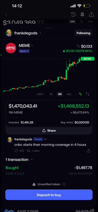 Mobile screenshot of a cryptocurrency trading app showing a MEME token chart with massive gains (98,475.94%), now valued at $1,470,043.41 from a $1,491.28 investment, posted by user 'frankdegods'.