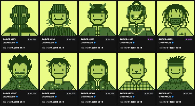 A grid of ten pixel-art character avatars labeled "CHAINBREAKERS" with identifiers like RAIDER #001, RAIDER #134, RAIDER #583, each showing "Top offer 0.0083 METH".