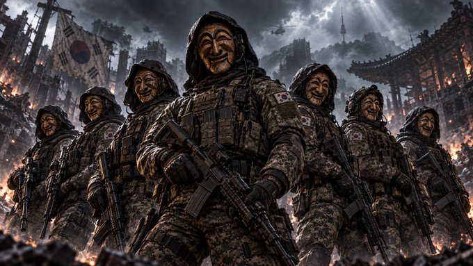 Armed soldiers wearing Guy Fawkes masks and South Korean flag patches stand amid burning ruins, symbolizing the warning about Korea's reckless crypto taxation policies threatening investor protections.

The image uses the iconic anonymity symbol (Guy Fawkes masks) combined with military imagery and the South Korean flag to depict the post's message as an urgent warning—portraying Korea's tax enforcement as a heavy-handed, faceless regime endangering retail crypto investors.