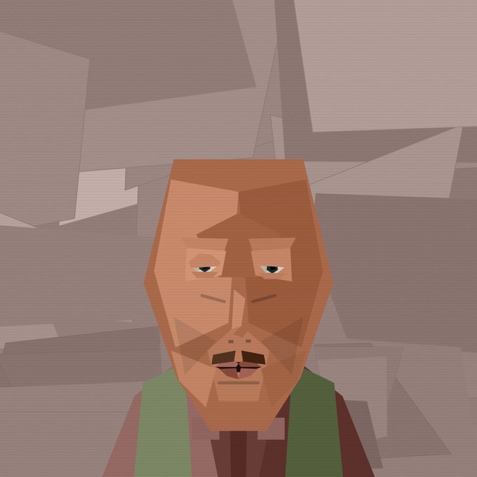 A low-poly digital illustration depicts a stylized man with an angular face, mustache, and downcast eyes, wearing a green scarf against a backdrop of geometric pink and purple shapes.