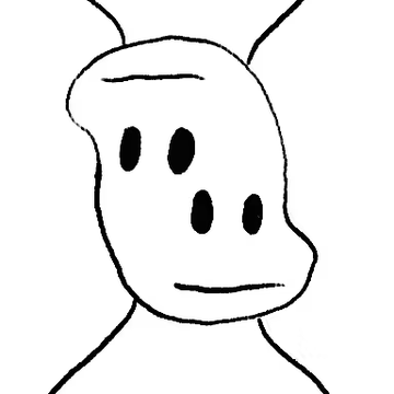 A simple black-and-white line drawing of a cartoonish face with two large eyes, a small mouth, and antennae-like lines extending from the top of the head.