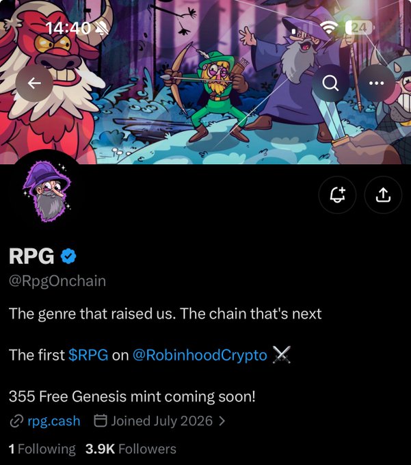The image shows the X (Twitter) profile page for "RPG" (@RpgOnchain), featuring a colorful banner with cartoon characters including a wizard and archer, a verified blue checkmark, and bio text reading "The genre that raised us. The chain that's next. The first $RPG on @RobinhoodCrypto. 355 Free Genesis mint coming soon!"—directly promoting the early-stage project mentioned in the post, which highlights the 355 Genesis NFTs and free mint opportunity on Robinhood Chain.