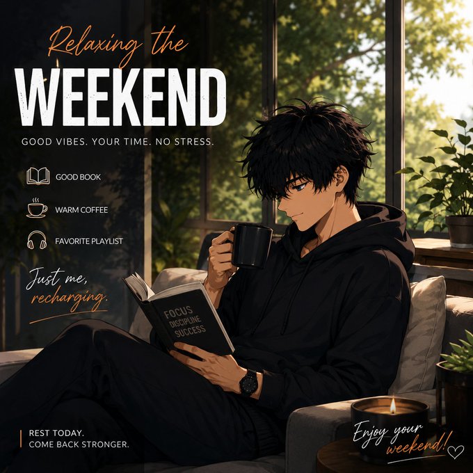 An anime-style illustration of a young man with dark hair relaxing on a couch reading a book titled "FOCUS DISCIPLINE SUCCESS" while holding a coffee mug, accompanied by promotional text reading "Relaxing the WEEKEND - GOOD VIBES. YOUR TIME. NO STRESS." along with icons for a good book, warm coffee, and favorite playlist.