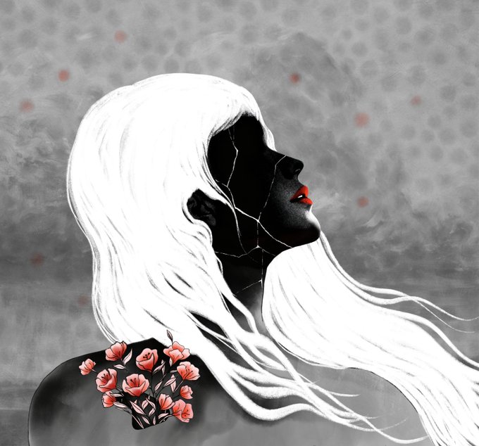 A striking digital illustration of a woman in profile with stark white hair and cracked black skin, accented by red lips and pink flowers on her shoulder against a gray textured background.