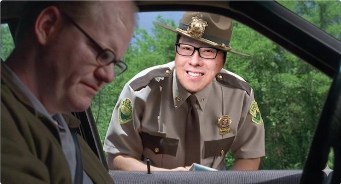 The image is a meme depicting a person in a police uniform with an Asian face superimposed on it, interacting with a driver. The post implies this is a response to someone named @coinjoined making memes about @Excellion, suggesting negative consequences are now facing Excellion due to these memes.