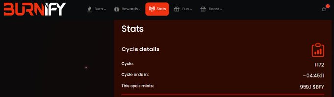 A screenshot of a dark-themed website called 'BURNIFY' showing a 'Stats' page with 'Cycle details' including Cycle 1172, 'Cycle ends in: -04:45:11', and 'This cycle mint: 959.1 $BFY'.