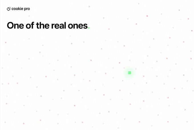 The image shows a Cookie Pro promotional graphic with the bold text "One of the real ones." set against a white background scattered with small pink and gray dots and a glowing green square in the center. The clean, minimal design and appreciative tone align with the post's heartfelt message of "all love. thankyou," reflecting gratitude for Cookie Pro being recognized as a trustworthy, authentic brand.