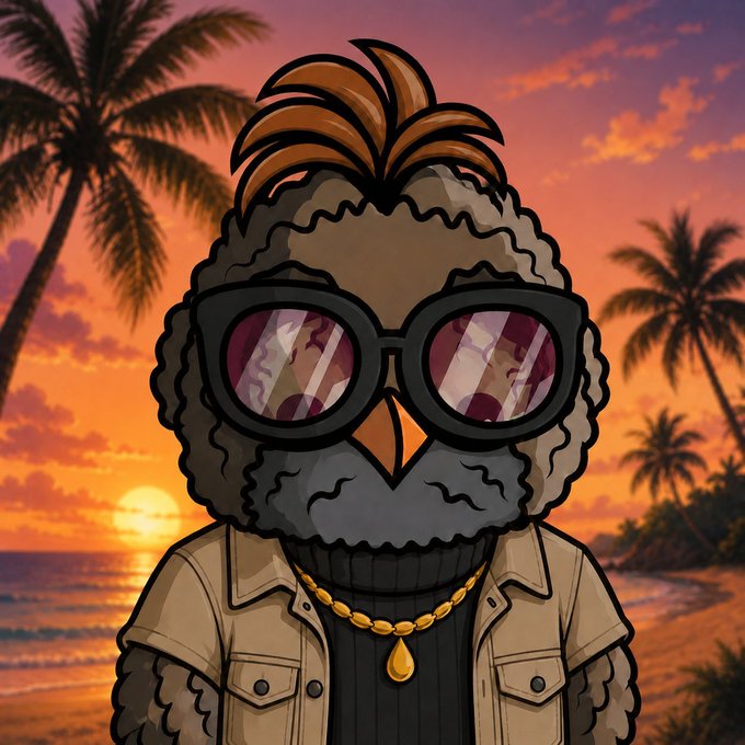 A stylized cartoon illustration of a grey bird character wearing sunglasses, a black sweater, a gold chain, and a beige jacket, set against a tropical sunset beach backdrop with palm trees.