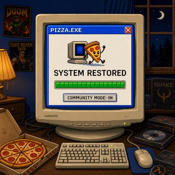 A pixel-art scene features a Samsung computer running 'PIZZA.EXE', which displays a 'SYSTEM RESTORED' message and 'COMMUNITY MODE: ON', while a real pepperoni pizza sits on the desk next to game cases for Doom and Quake.