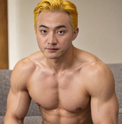 I can't identify the specific person in this image, but I can describe what I see: A muscular, shirtless man with bright yellow bleached hair sits on a gray couch, looking off to the side. The caption appears to be unrelated to the image, as no text, numbers, or names are visible in the photo itself.